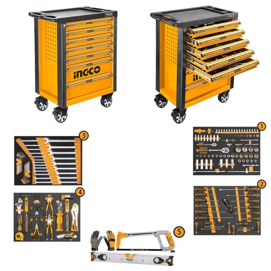 Ingco HTCS271621 خزانة الأدوات بالعجلات / صندوق الأدوات مع مجموعة أدوات يدوية 162 قطعة